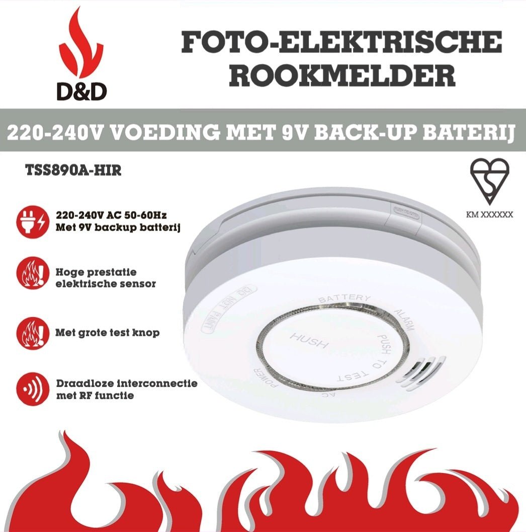 D&D Rookmelder TSS890A - HIR 230V draadloos koppelbaar met 10 jaar back - up batterij NEN 2555 - D&D Fireprotect