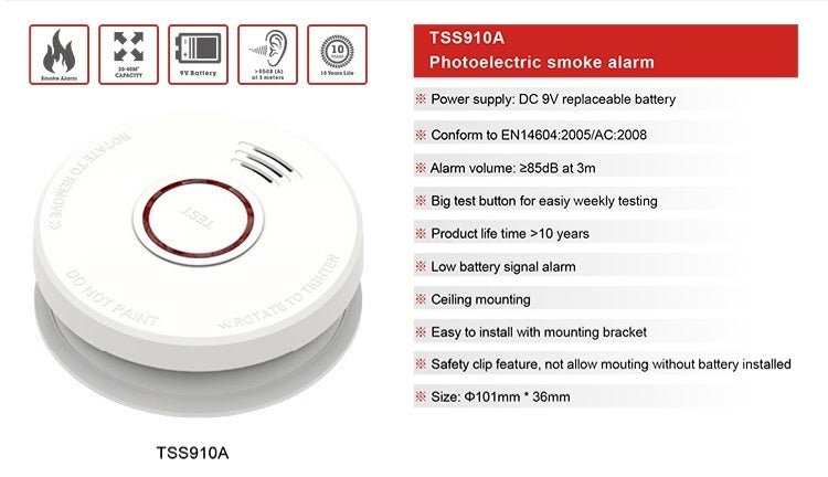 D&D Rookmelder TSS910A met 5 jaar 9V D.C batterij compact model - D&D Fireprotect