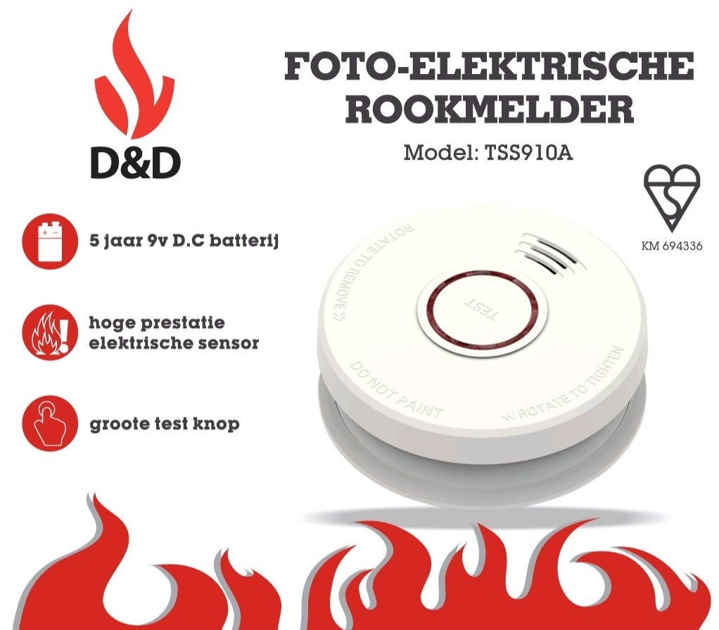 D&D Rookmelder TSS910A met 5 jaar 9V D.C batterij compact model - D&D Fireprotect